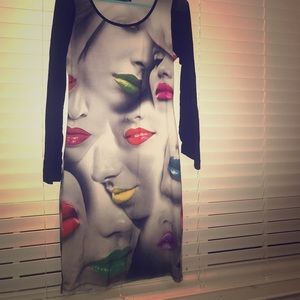 Mult colored lips and black and white dress